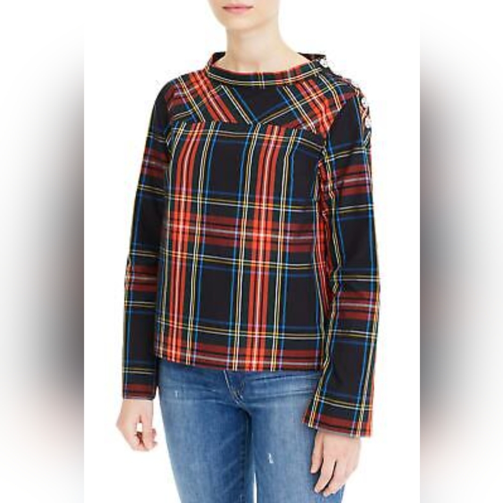 J CREW sz 4 Blouse Tartan Jeweled Shoulder High Low Stewart Plaid Red Black +